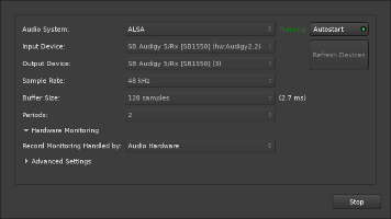 Screenshot of Ardour setup window with ALSA